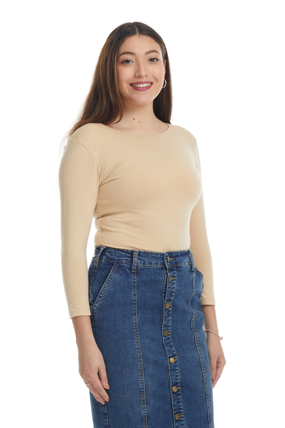 3/4 sleeve snug fit cotton boat neck layering shirt