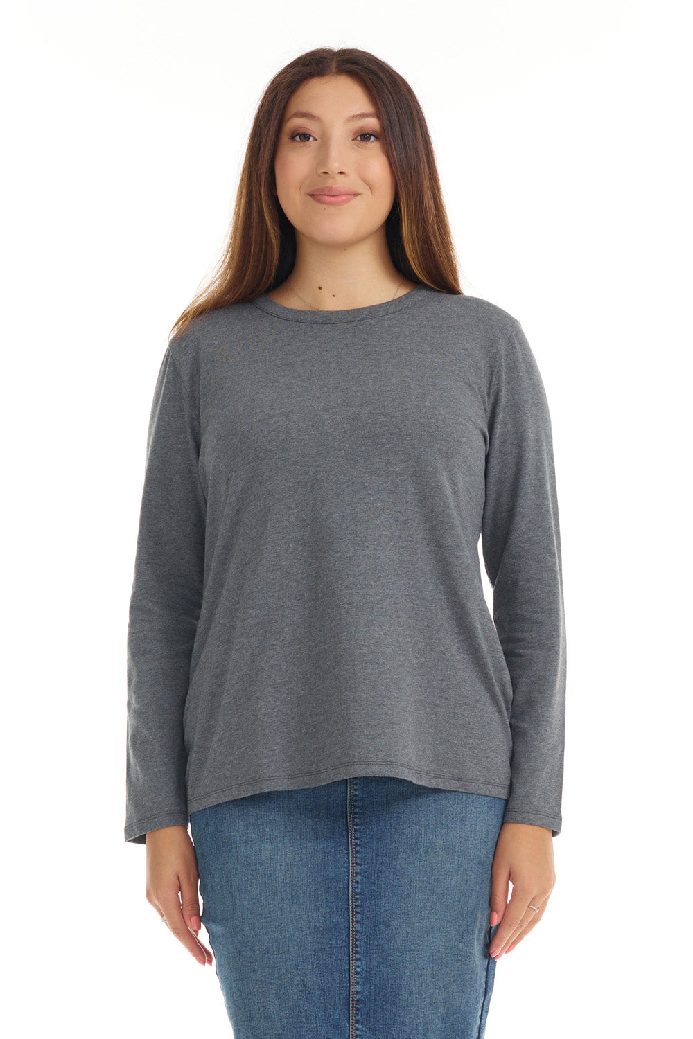 Womens Long Sleeve Cotton Top - CHARCOAL
