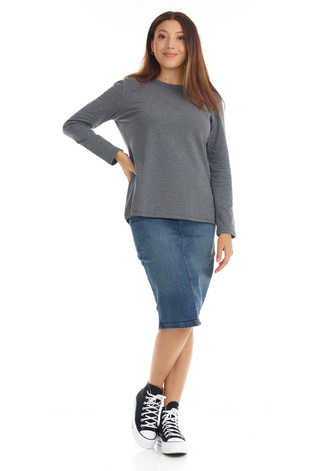 Womens Long Sleeve Cotton Top - CHARCOAL