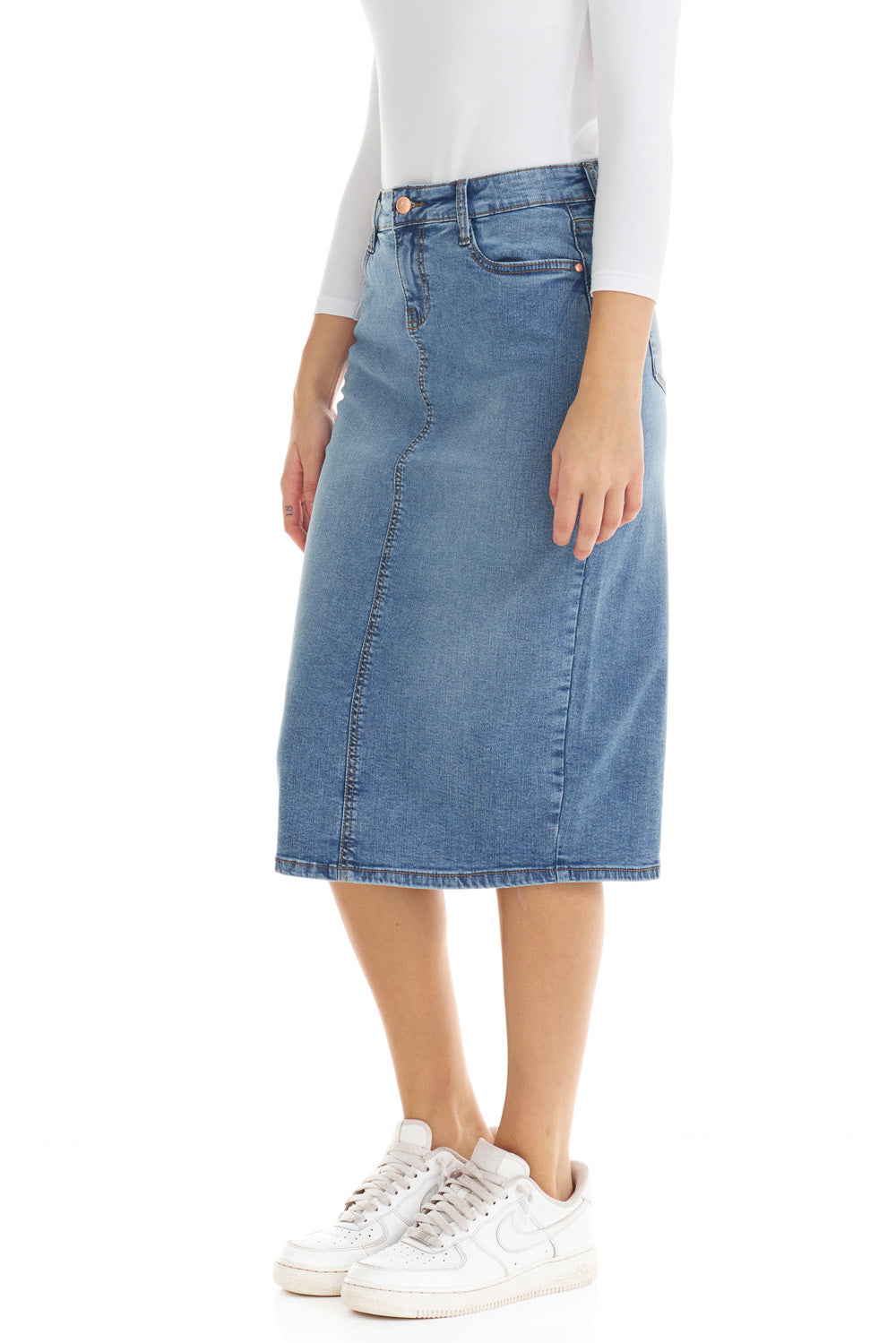 Esteez MILAN Denim Skirt - Midi Below Knee Length Two-Tone Jean Skirt for WOMEN
