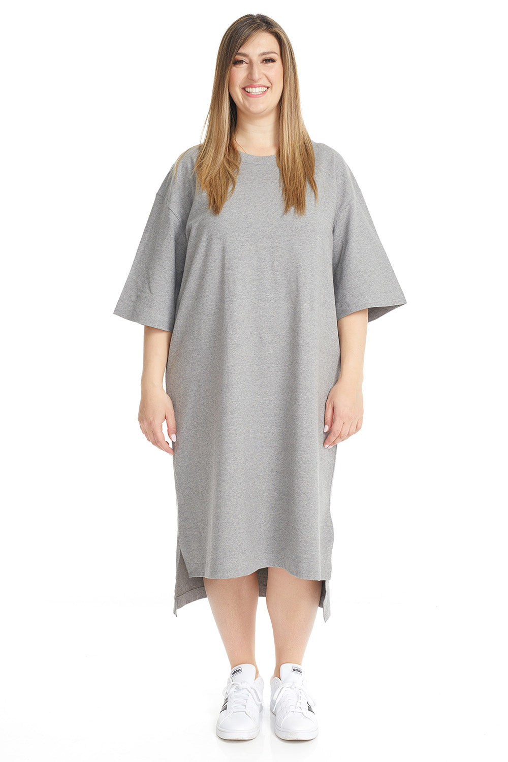Esteez Oversized High-Low Dress - Women's Midi Cotton 3/4 Sleeve T-shirt Dress - DARK GREY