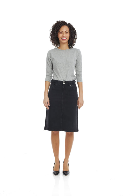 Esteez SYDNEY Denim Skirt - Modest Below the Knee A-line Jean Skirt for Women - BLACK