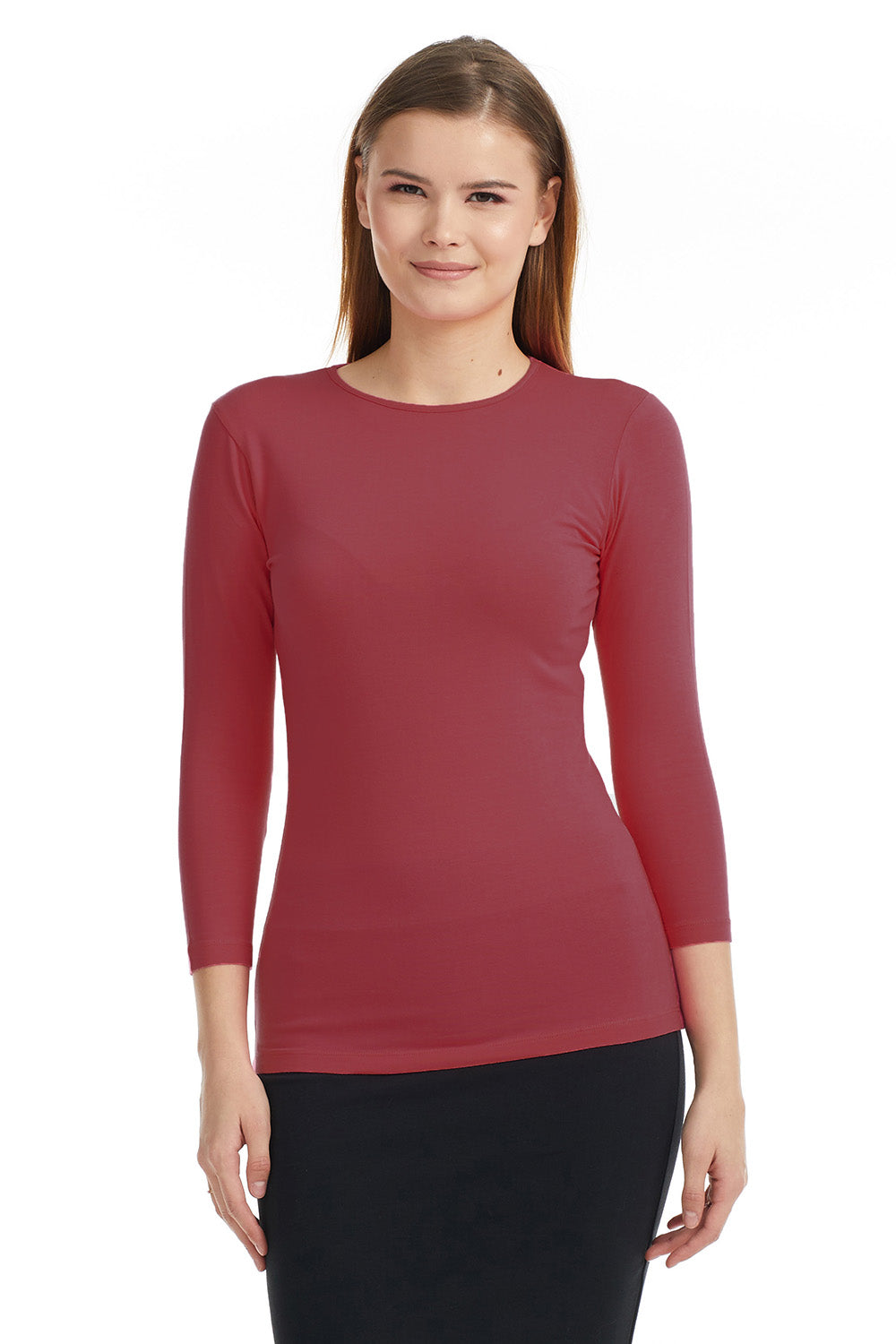 3/4 Sleeve Cotton Crewneck Snug Fit Layering Shirt