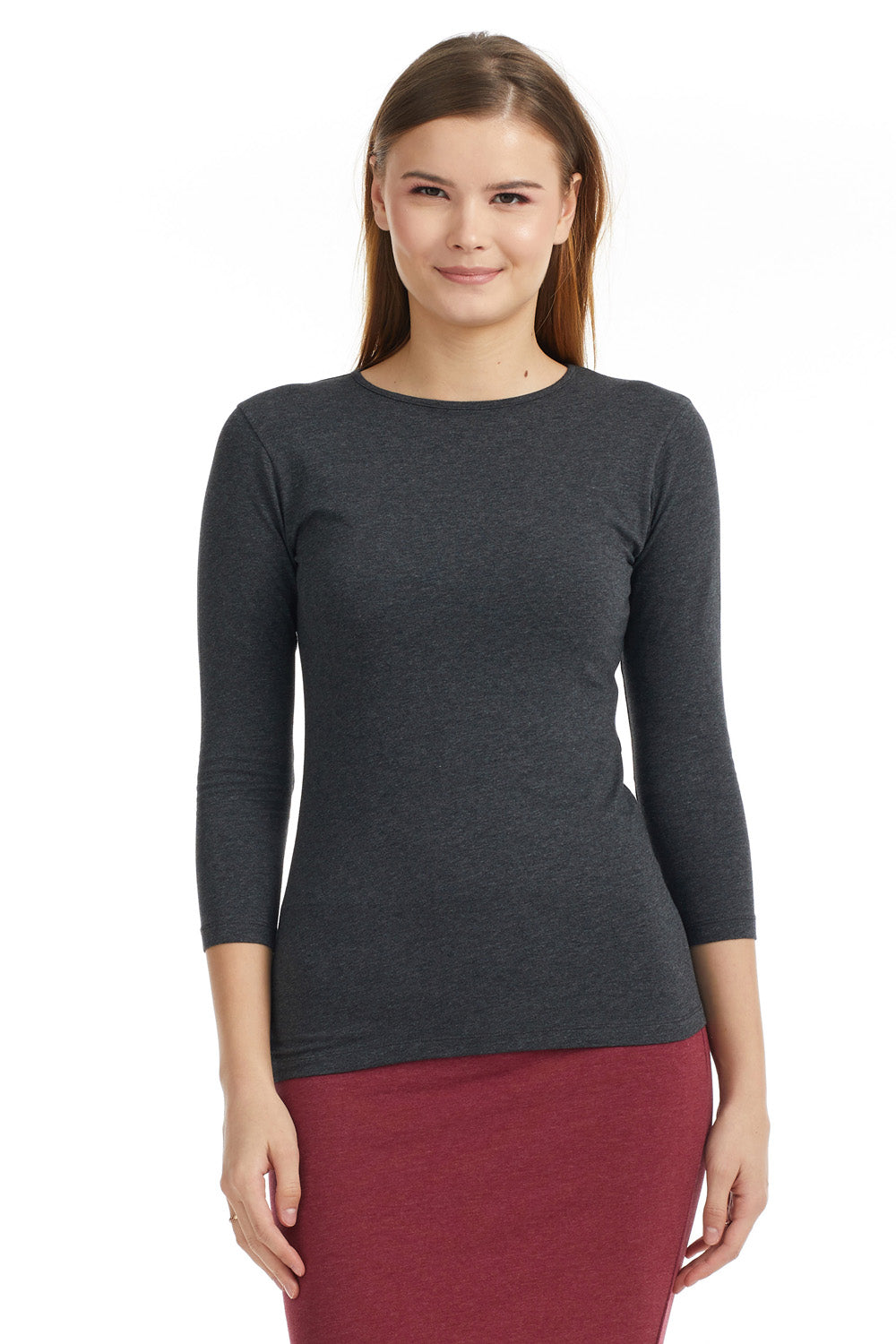 charcoal grey high crew neck 3/4 sleeve modest layering shirt