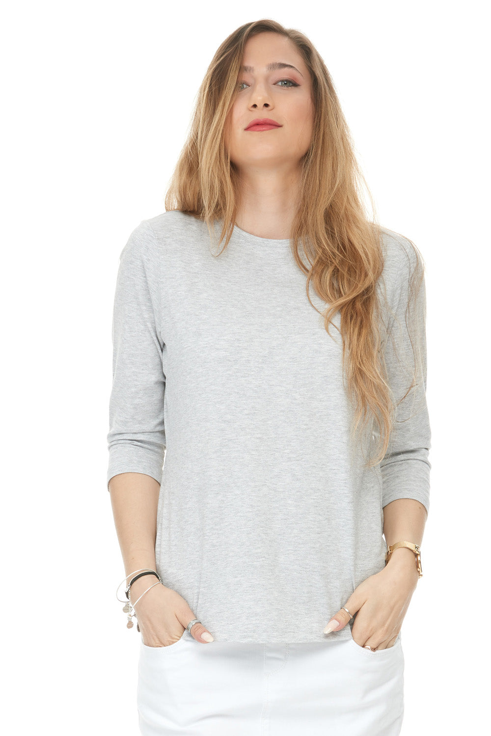 3/4 Sleeve Cotton Crewneck Snug Fit Layering Shirt
