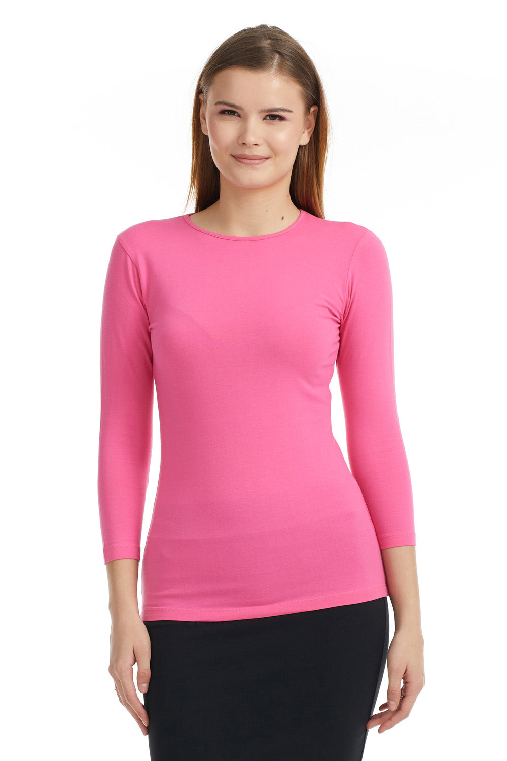 hot pink high crew neck 3/4 sleeve modest layering shirt