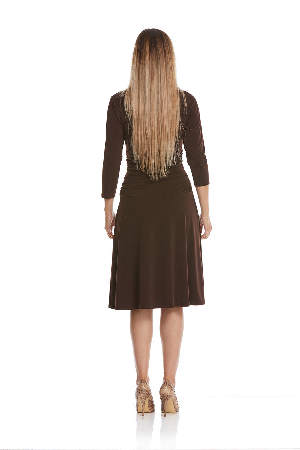 brown crew neck below Knee Length Fit n' Flare Dress with hidden tummy control