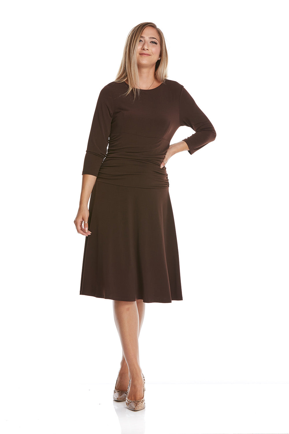 brown crew neck Knee Length flary Dress with hidden tummy control