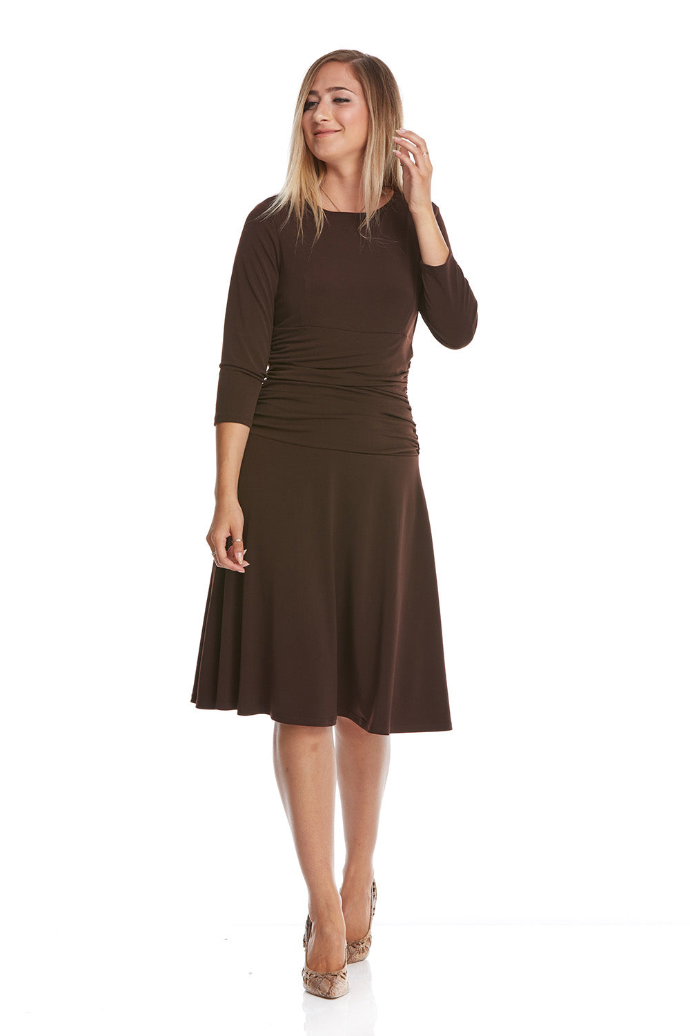 brown crew neck Knee Length a-line Dress with hidden tummy control