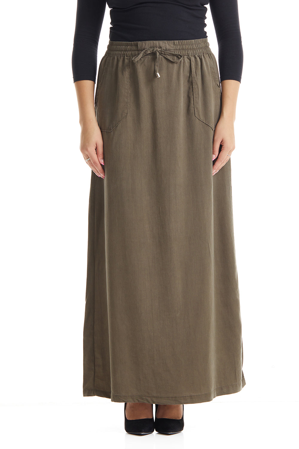 ankle length a-line modest flary khaki green skirt