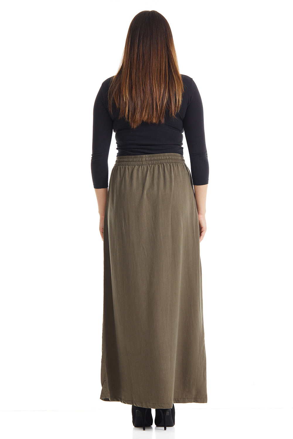 ankle length a-line modest flary olive green skirt