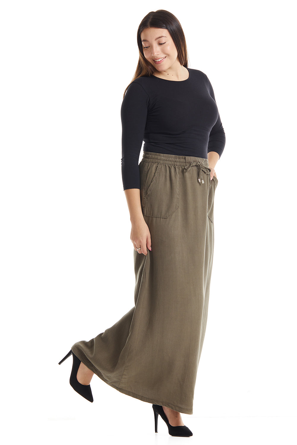 long a-line modest flary olive green skirt