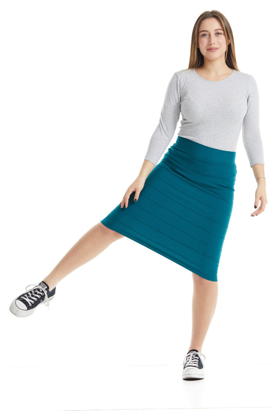teal bodycon modest knee length pencil skirt