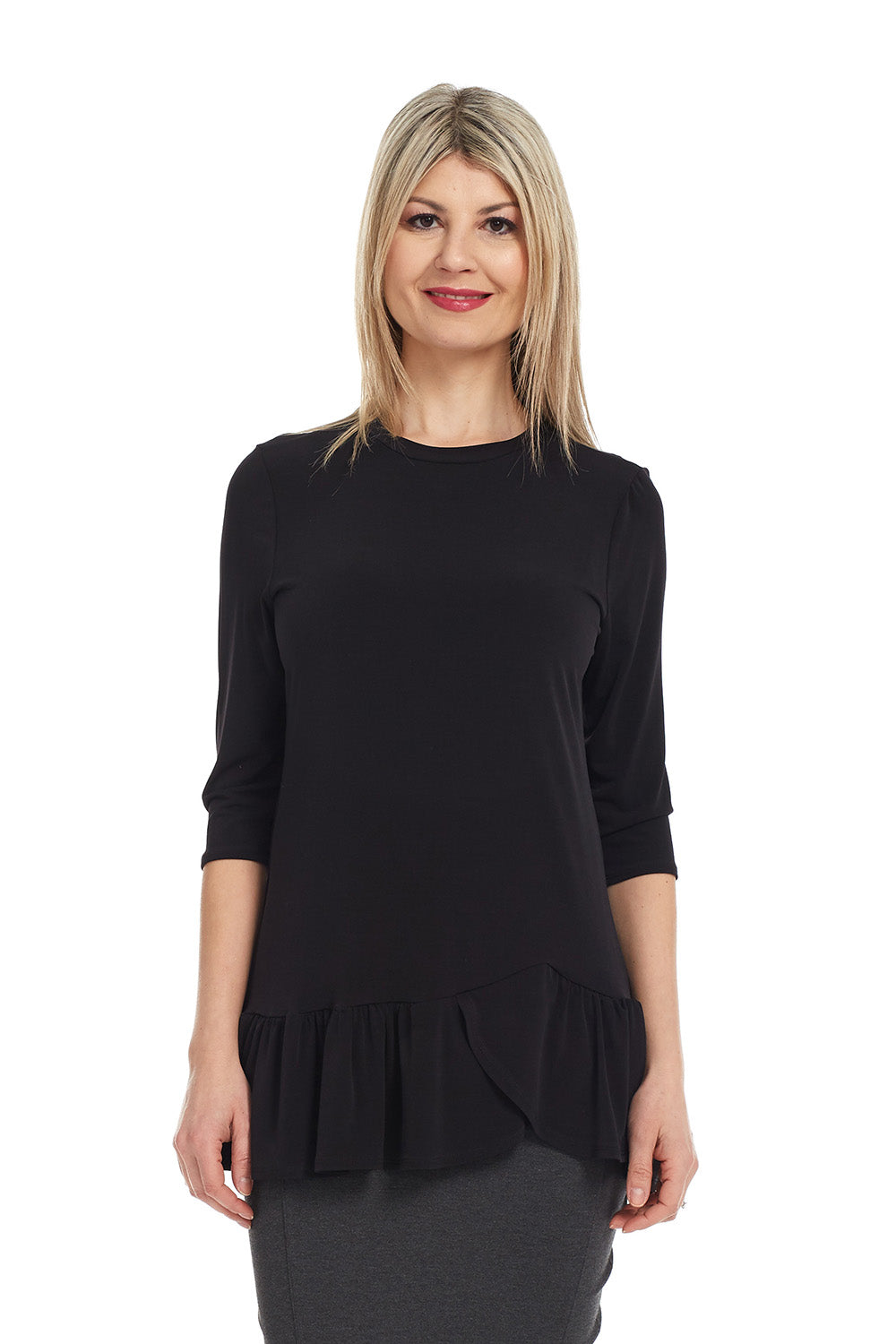 3/4 Sleeve black Tunic Top with Ruffle Hem