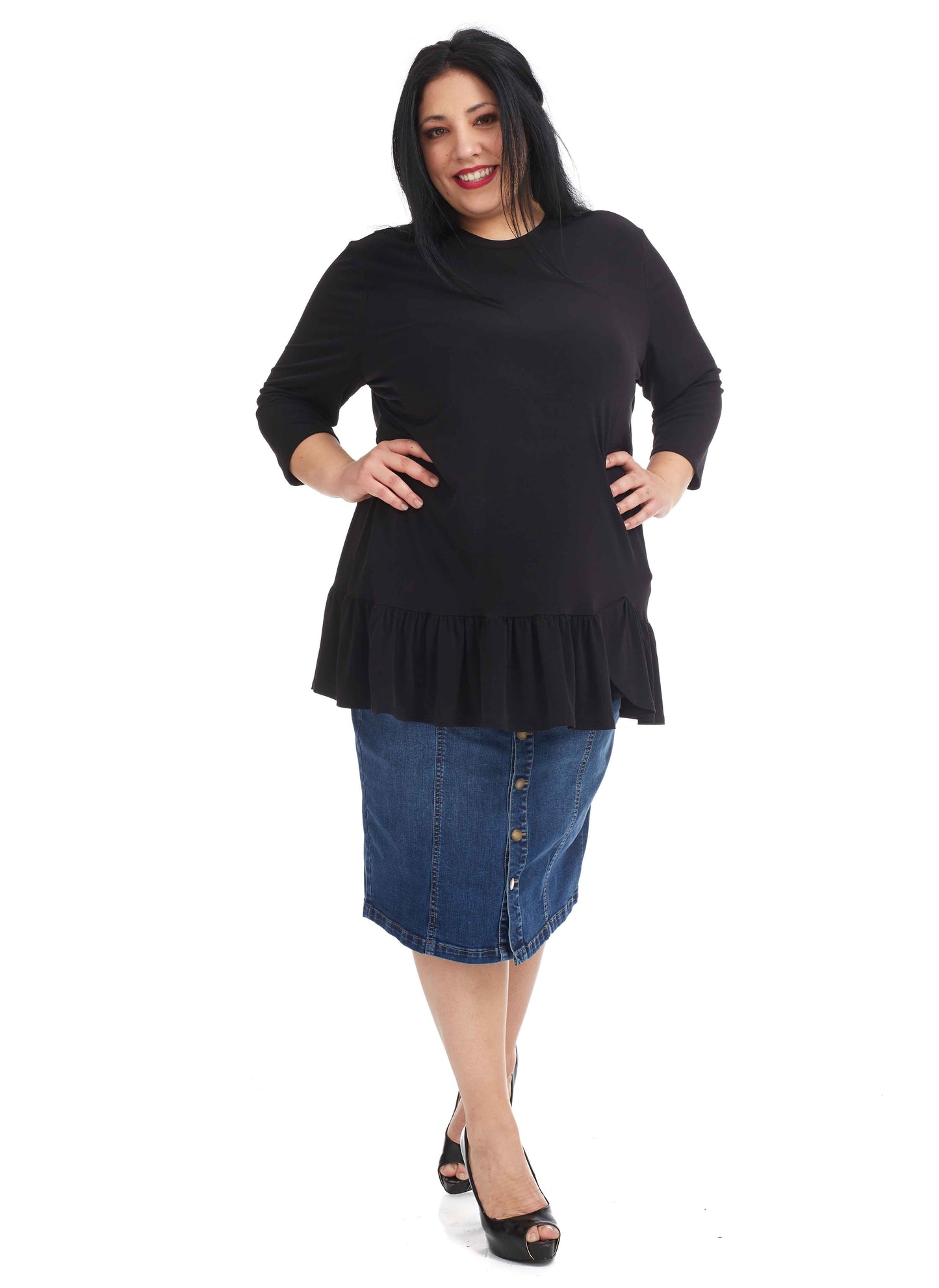 plus size 3/4 Sleeve black Tunic Top with Ruffle Hem