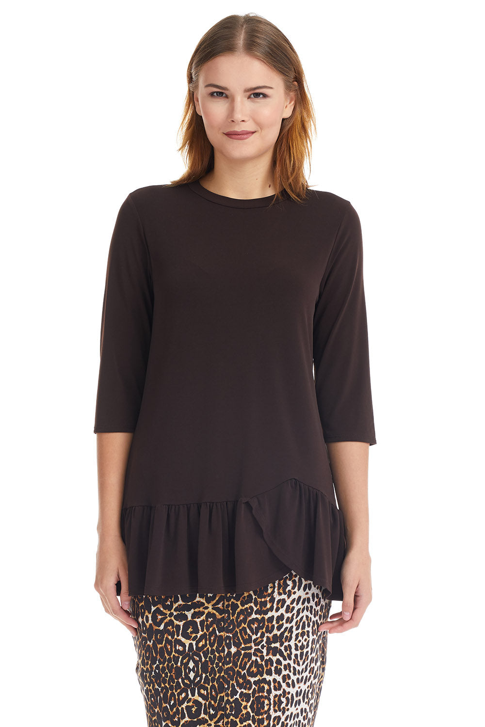 3/4 Sleeve brown Tunic Top with Ruffle Hem