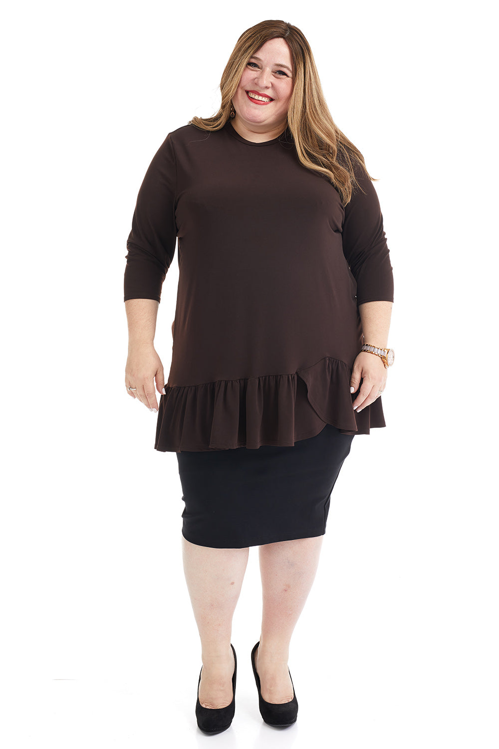 plus size 3/4 Sleeve brown Tunic Top with Ruffle Hem