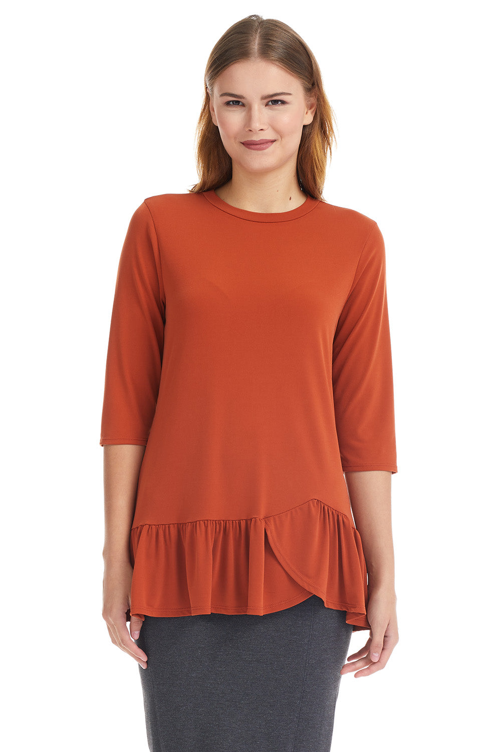 3/4 Sleeve rusty orange Tunic Top with Ruffle Hem