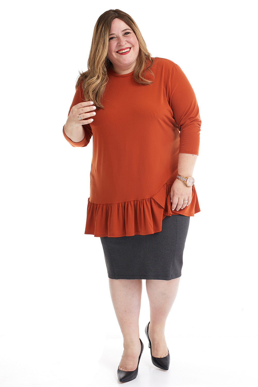 plus size 3/4 Sleeve rusty orange Tunic Top with Ruffle Hem