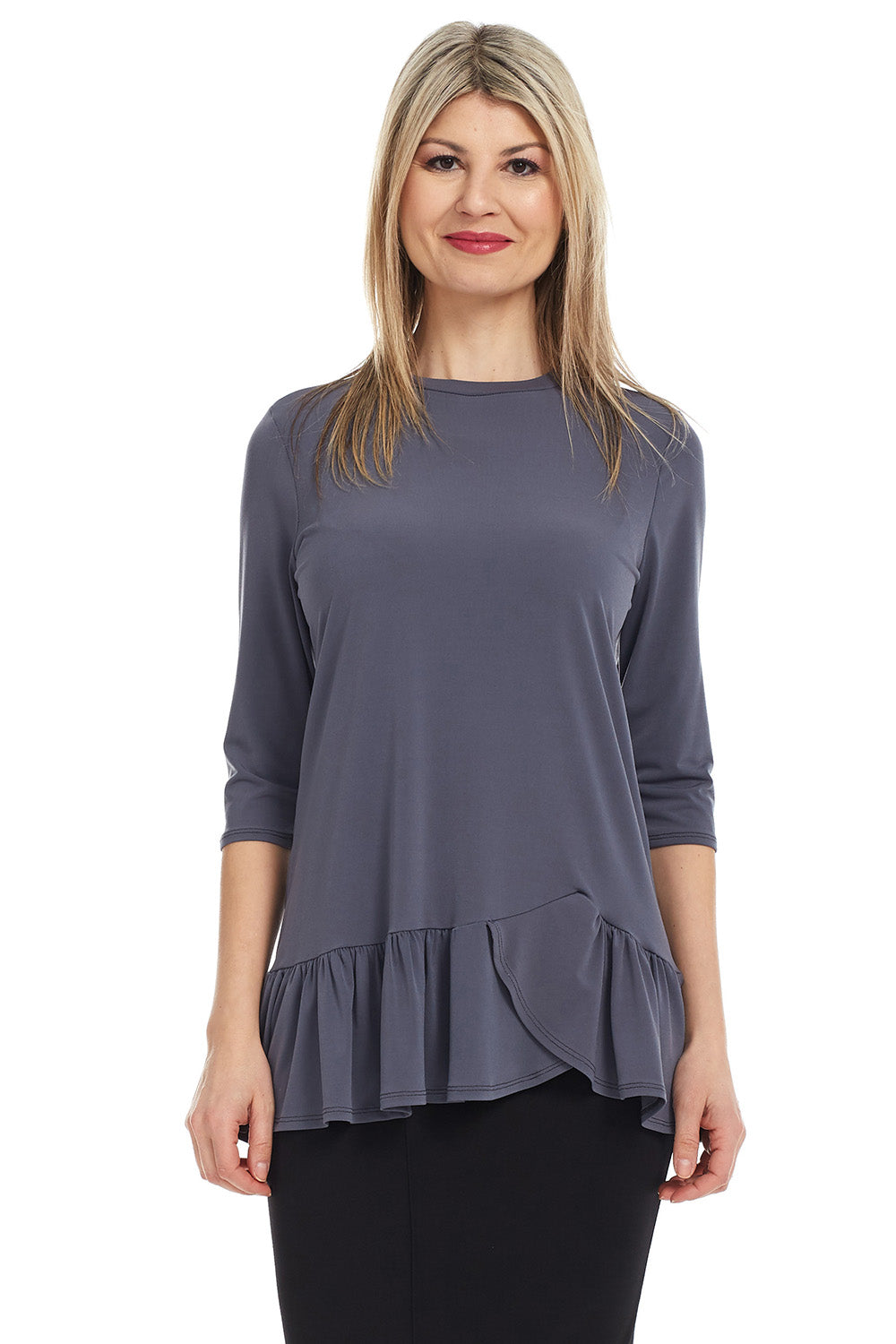 3/4 Sleeve dark grey Tunic Top with Ruffle Hem