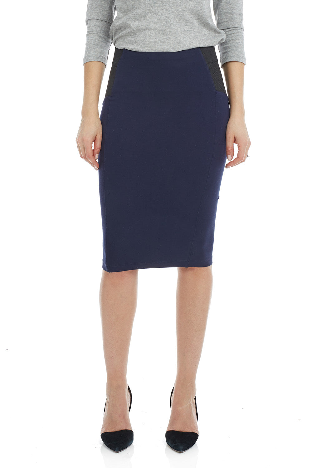 tight navy knee length office skirt with tummy control