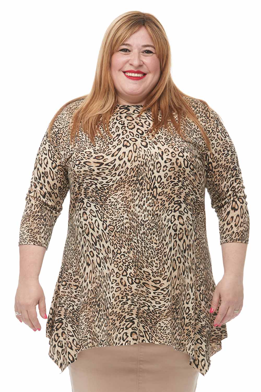 cheetah print modest 3/4 sleeve fancy t-shirt with sharkbite side hem