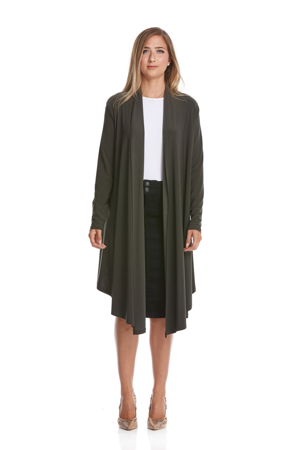 olive green lightweight open long sleeve cardigan