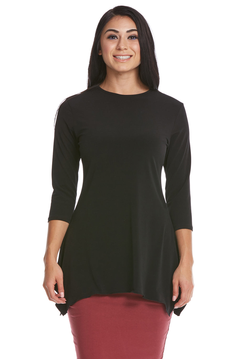 black modest 3/4 sleeve fancy t-shirt with sharkbite side hem