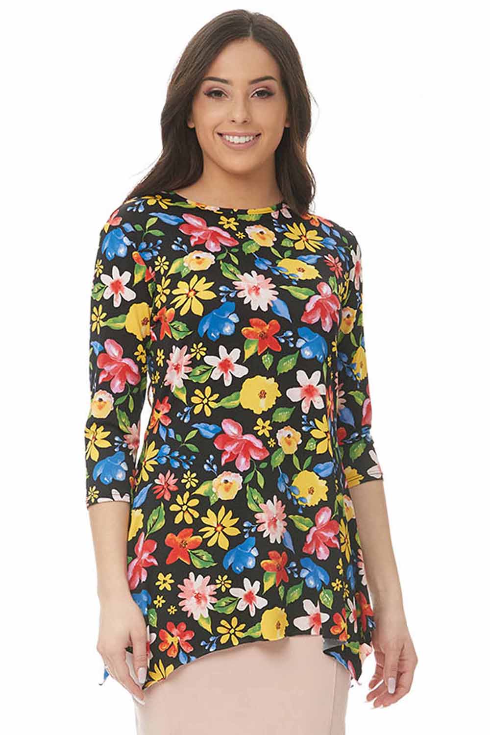 floral print modest 3/4 sleeve fancy t-shirt with sharkbite side hem