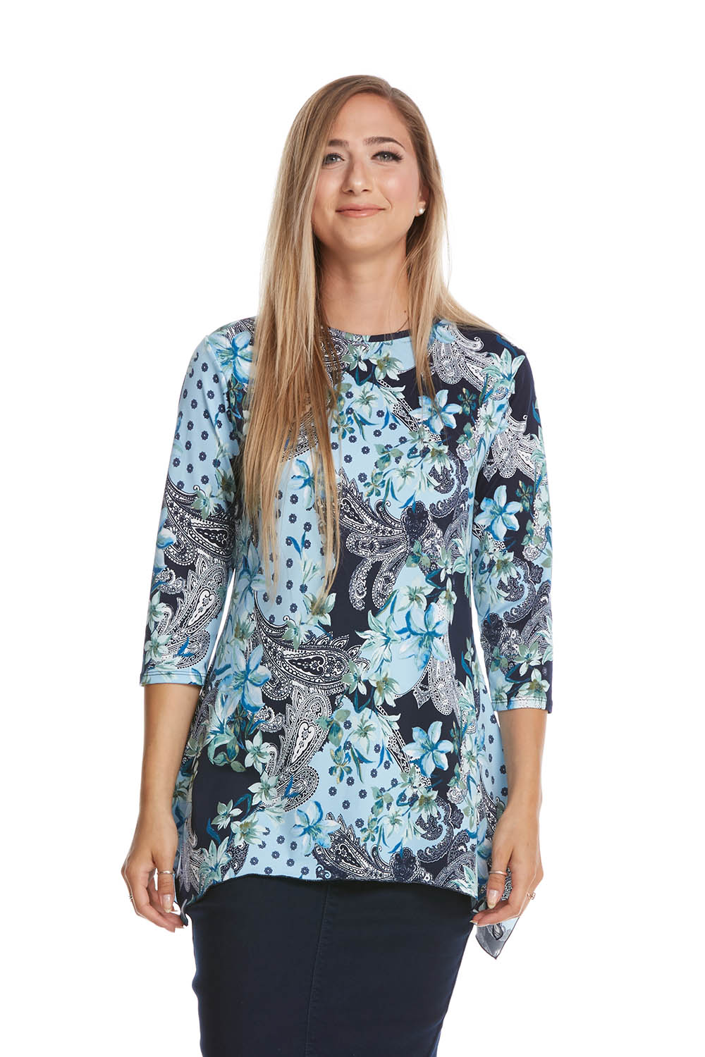 blue floral print modest 3/4 sleeve fancy t-shirt with sharkbite side hem