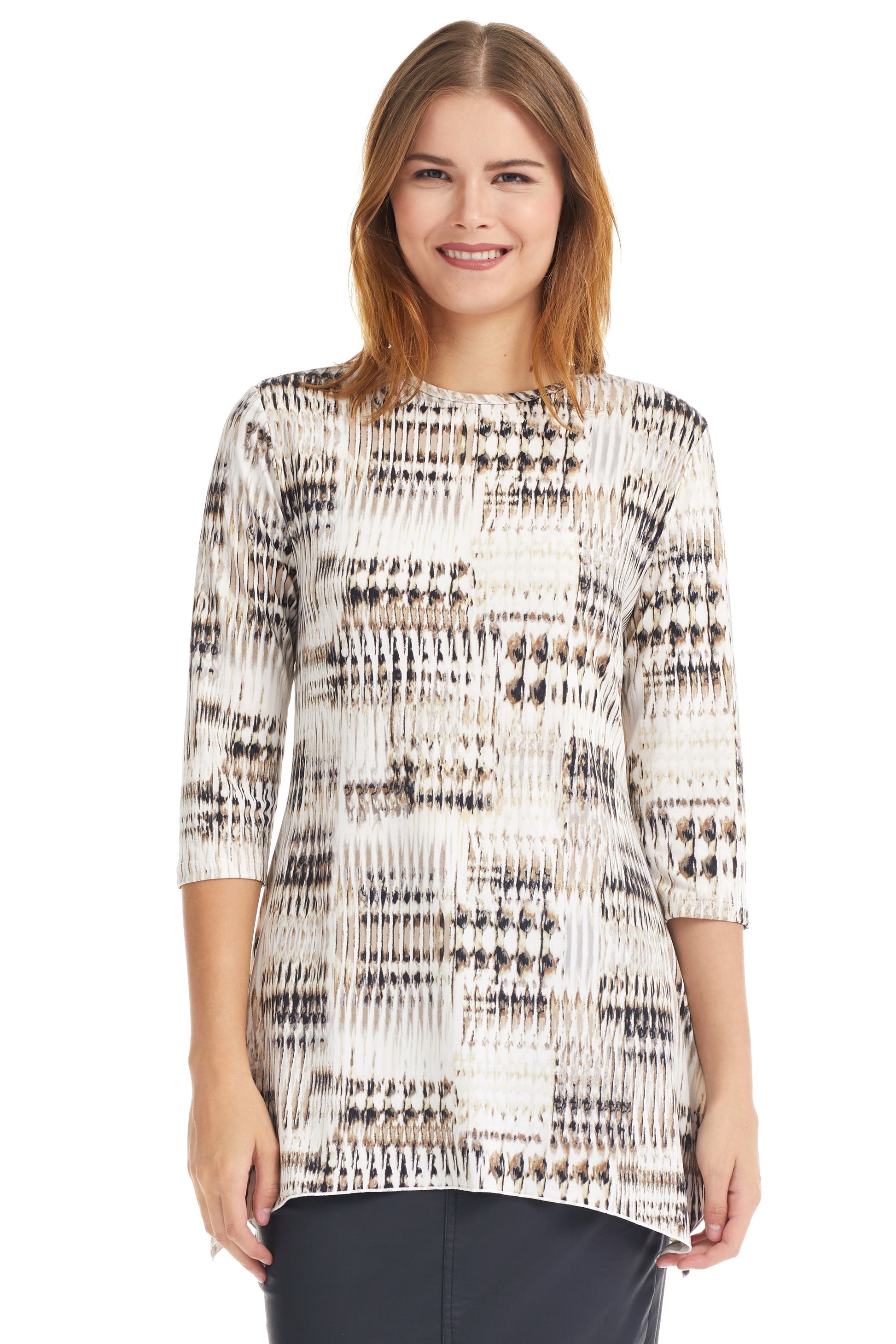 brown stone print modest 3/4 sleeve fancy t-shirt with sharkbite side hem