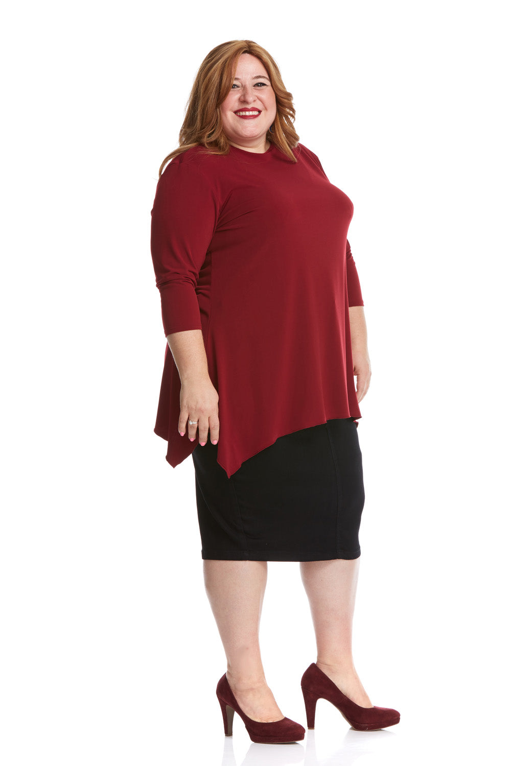 plus size burgandy modest 3/4 sleeve fancy t-shirt with sharkbite side hem