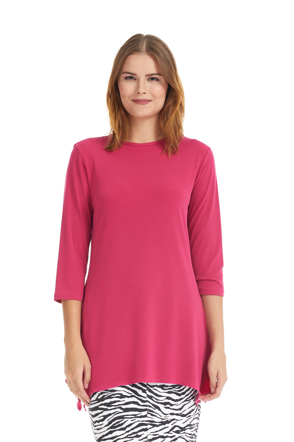 vibrant pink tznius 3/4 sleeve tunic top with uneven hem