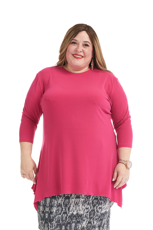 plus size fuschia pink modest 3/4 sleeve fancy t-shirt with sharkbite side hem