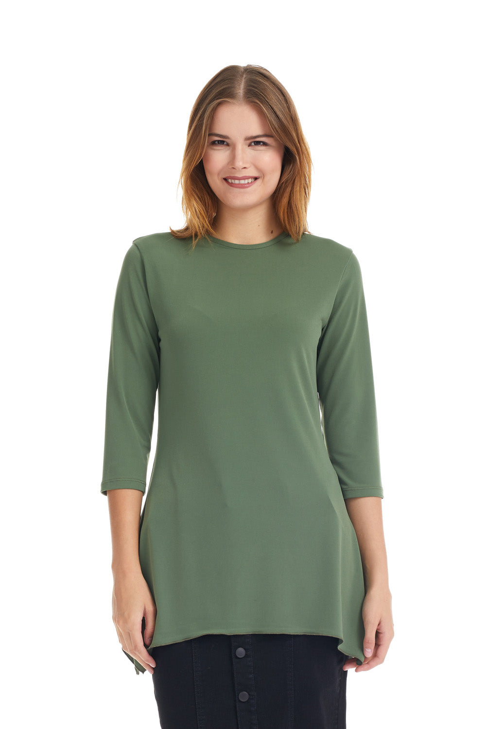 khaki green modest 3/4 sleeve fancy t-shirt with sharkbite side hem