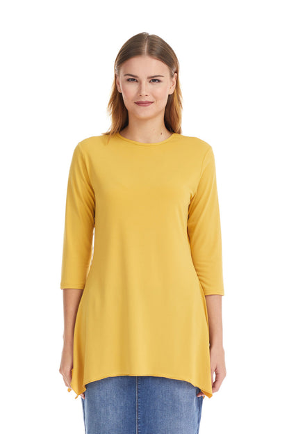 plus size mustard yellow modest 3/4 sleeve fancy t-shirt with sharkbite side hem