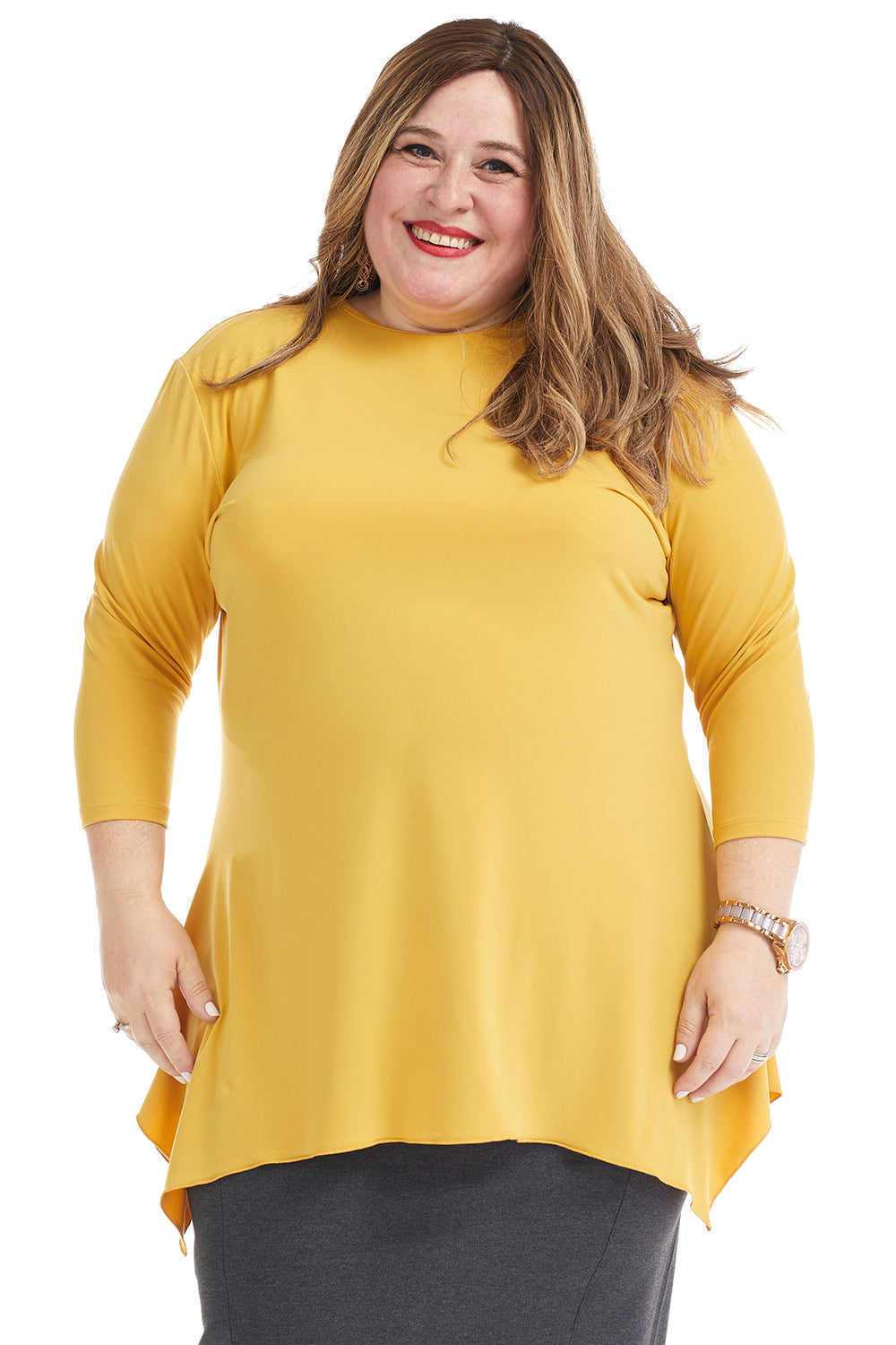 mustar yellow tznius 3/4 sleeve tunic top with uneven hem