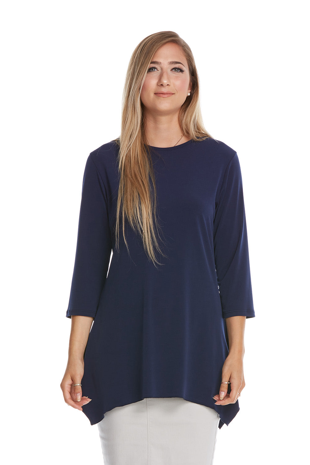 navy modest 3/4 sleeve fancy t-shirt with sharkbite side hem