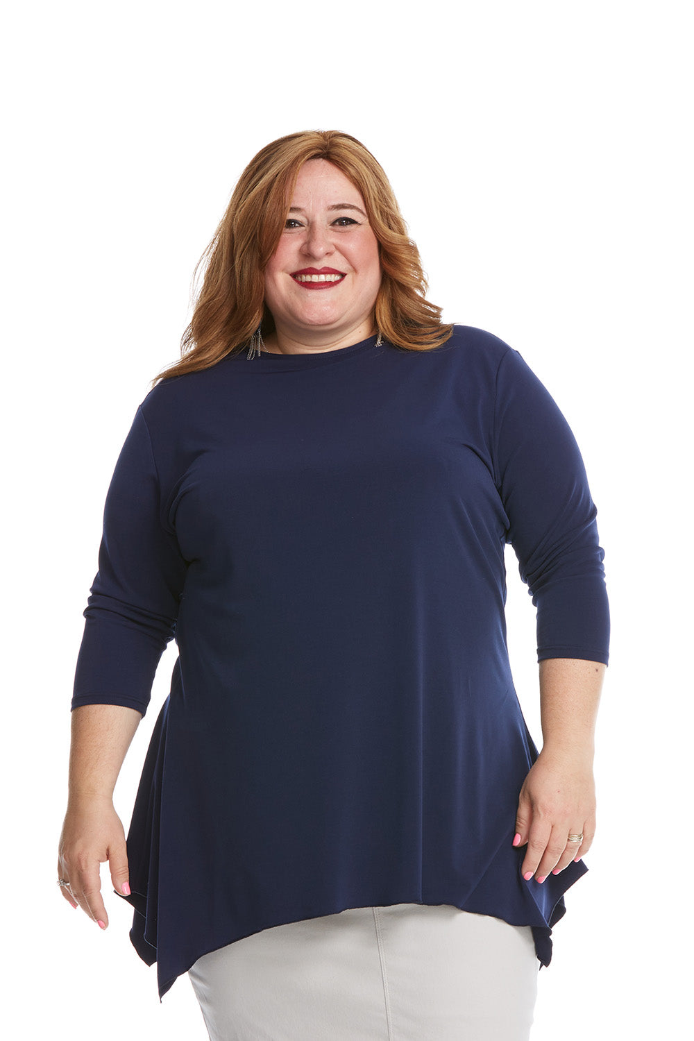 plus size navy modest 3/4 sleeve fancy t-shirt with sharkbite side hem