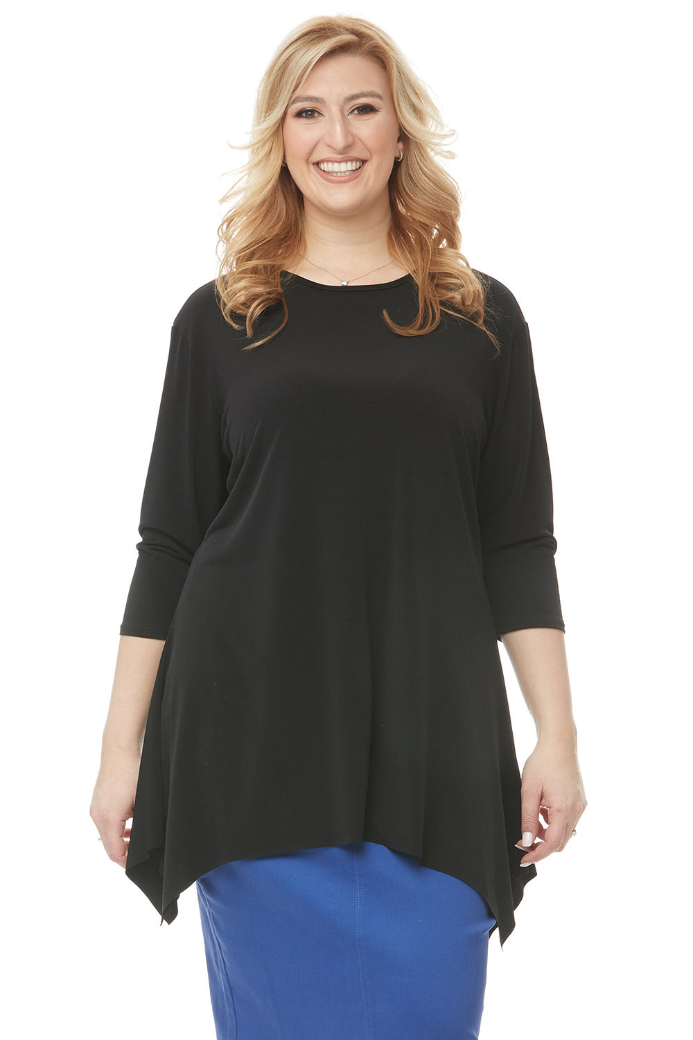 plus size black tznius 3/4 sleeve tunic top with uneven hem