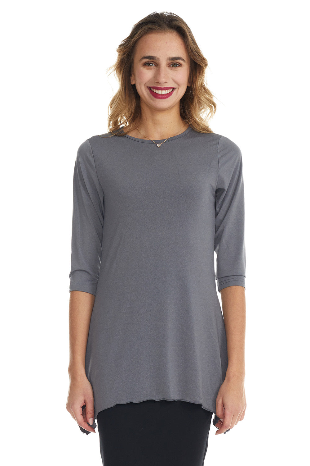 charcoal grey modest 3/4 sleeve fancy t-shirt with sharkbite side hem