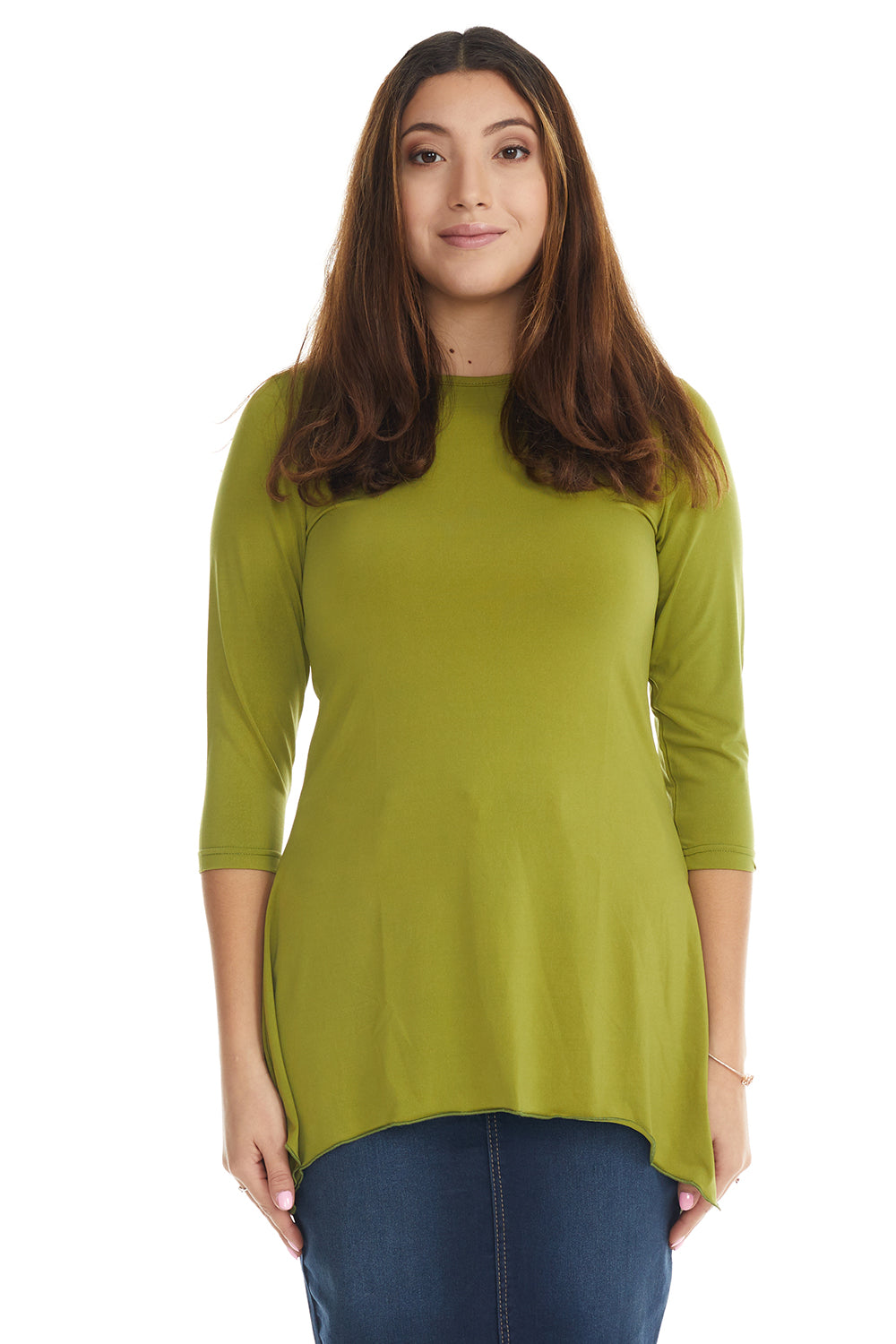 green modest 3/4 sleeve fancy t-shirt with sharkbite side hem