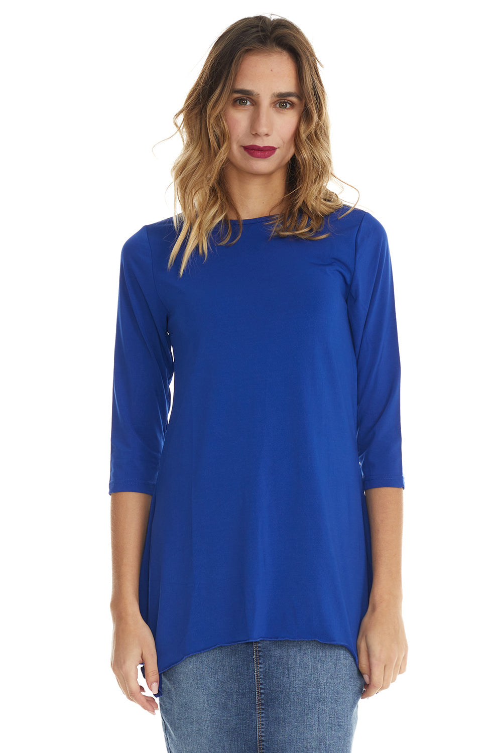 dark blue modest 3/4 sleeve fancy t-shirt with sharkbite side hem