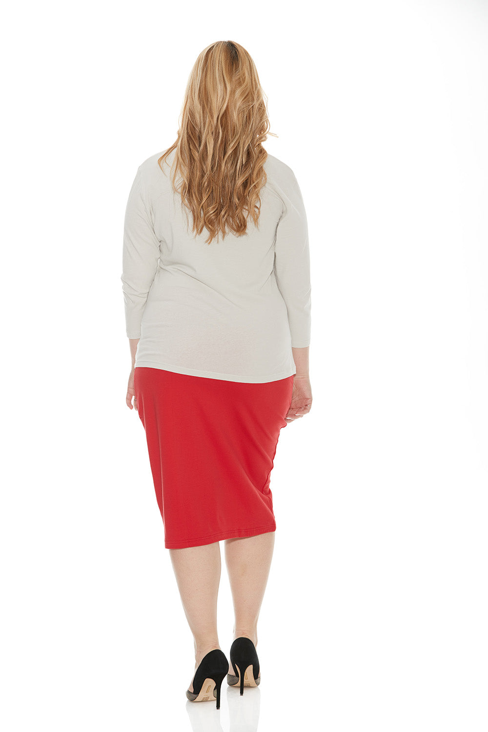 red plus size cotton below knee length pencil skirt