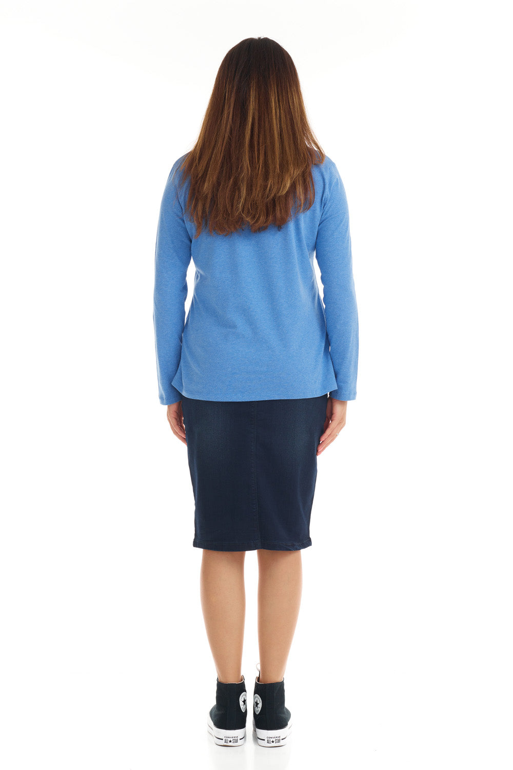 Womens Long Sleeve Cotton Top - HEATHER BLUE