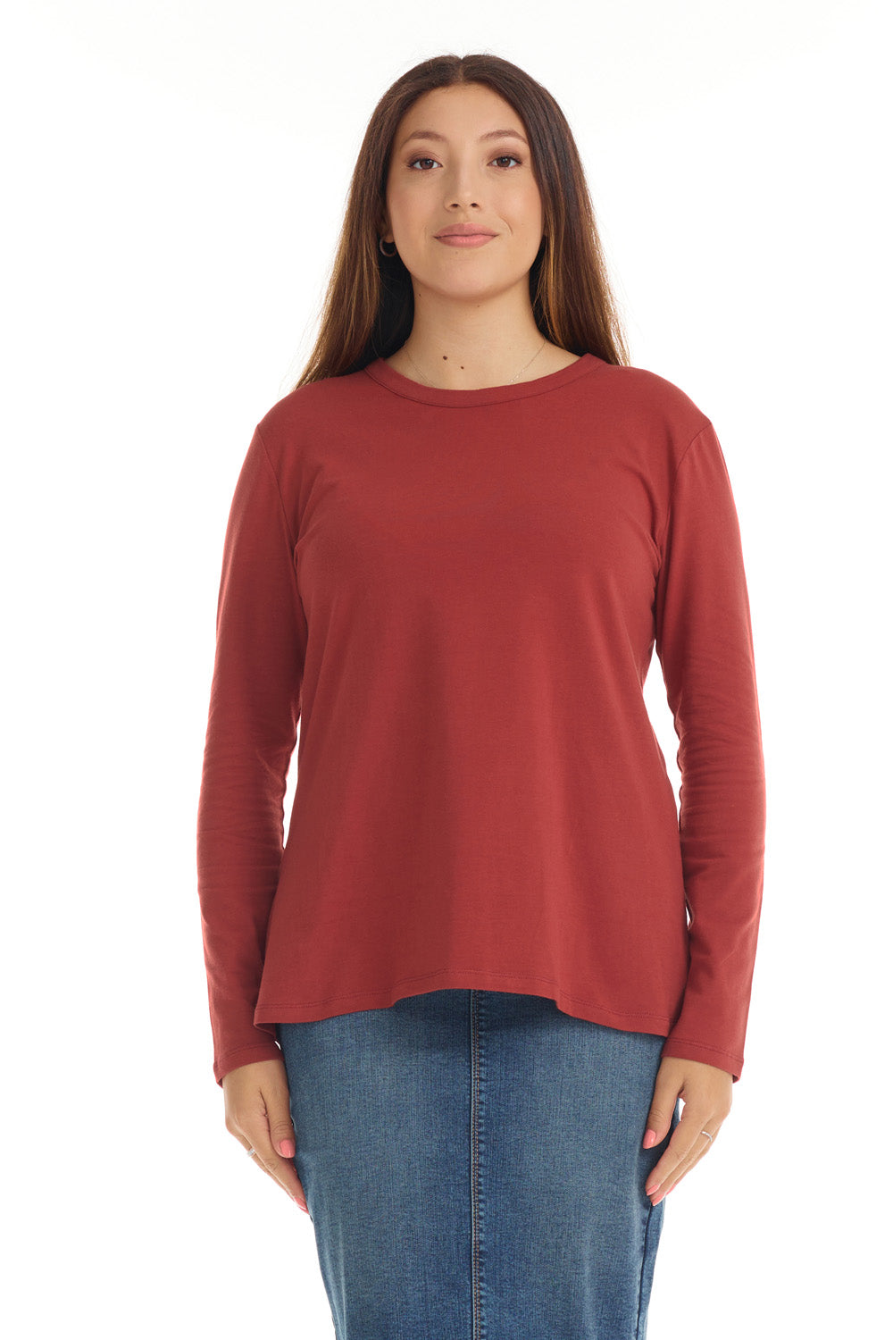 Womens Long Sleeve Cotton Top - BURGUNDY