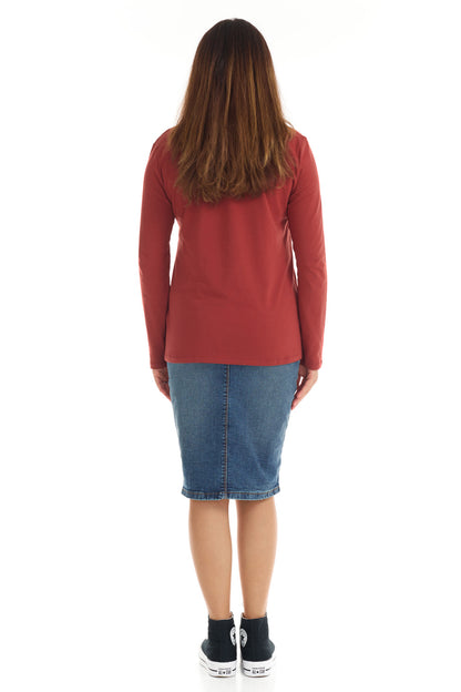 Womens Long Sleeve Cotton Top - BURGUNDY
