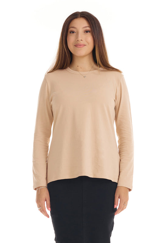 Womens Long Sleeve Cotton Top - TAN