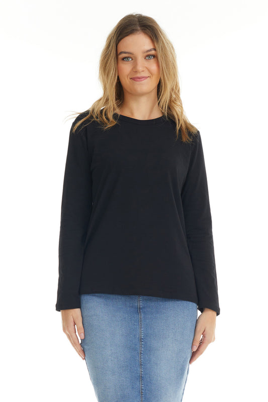 Womens Long Sleeve Cotton Top - BLACK