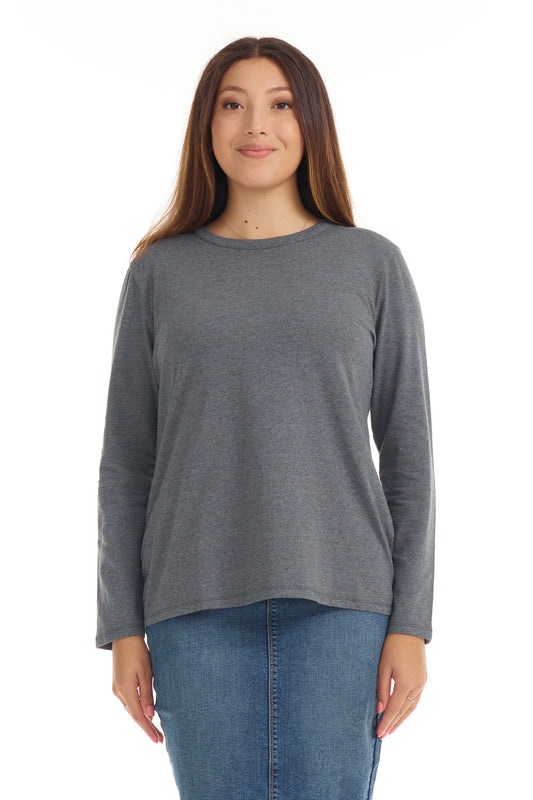 Womens Long Sleeve Cotton Top - CHARCOAL